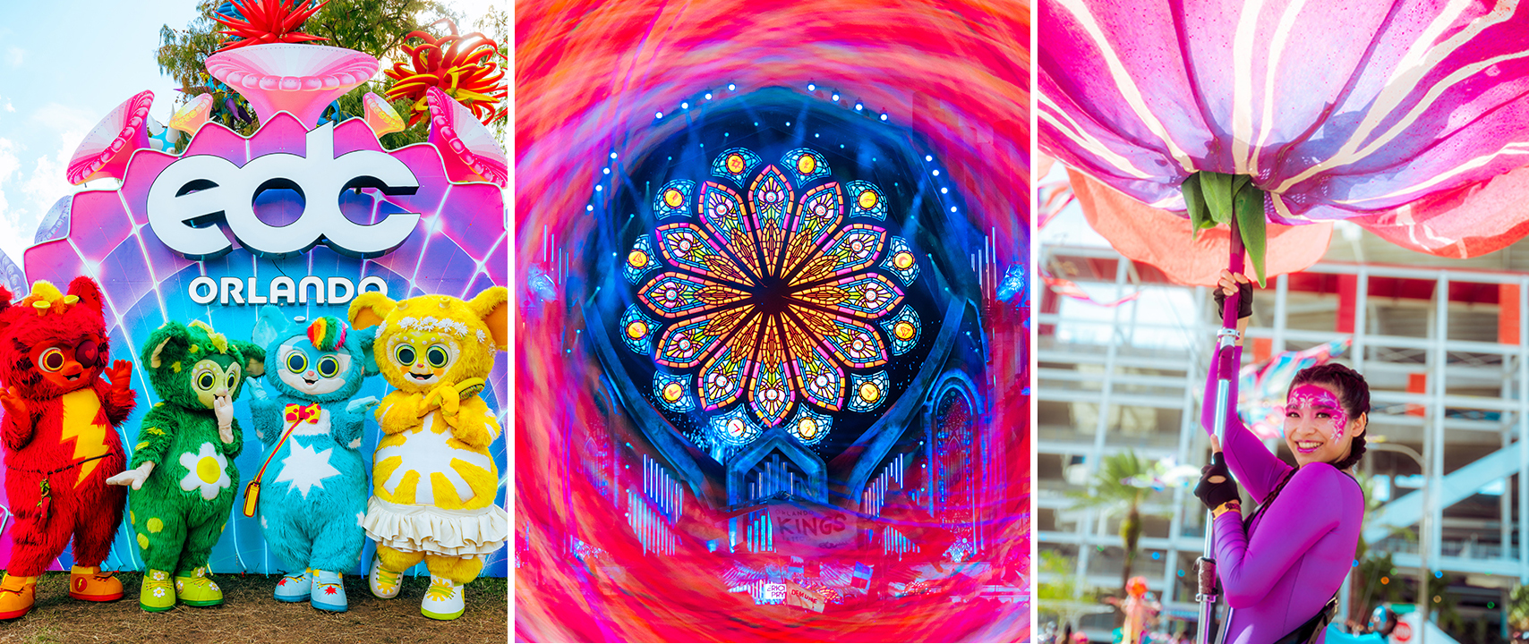 Some of the environments and characters of EDC Orlando.